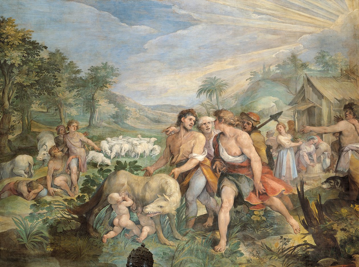 Romulus a Remus, kojení vlkem, nalezené Faustulusem na břehu Tibery, od Giuseppe Cesariho (1568-1640), freska, sál Horatii a Curiatii, palác konzervatoří, Řím, Římské království, Itálie od Giuseppe Cesari