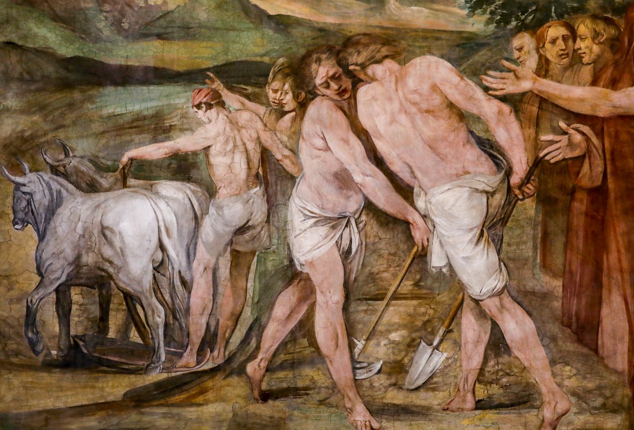 Romulus orá hraniční čáru kolem budoucího města Říma (detail) od Giuseppe Cesari