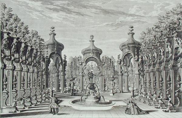 Design pro zábavu v zahradě, z „Architectus Theatralis Primarius“, ryl Johann Andreas Pfeffel (1674-1748), vydáno 1740 (rytina) od Giuseppe Bibiena