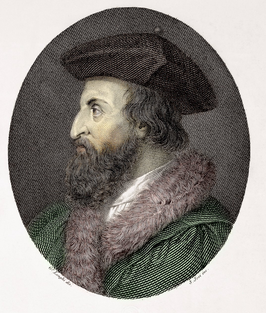 Portrét italského lékaře, básníka a humanisty Girolama Fracastora (Hieronymus Fracastorius nebo Jerome Fracastor) (1478/83-1553) Rytina Soukromá sbírka od Giuseppe (after) Longhi