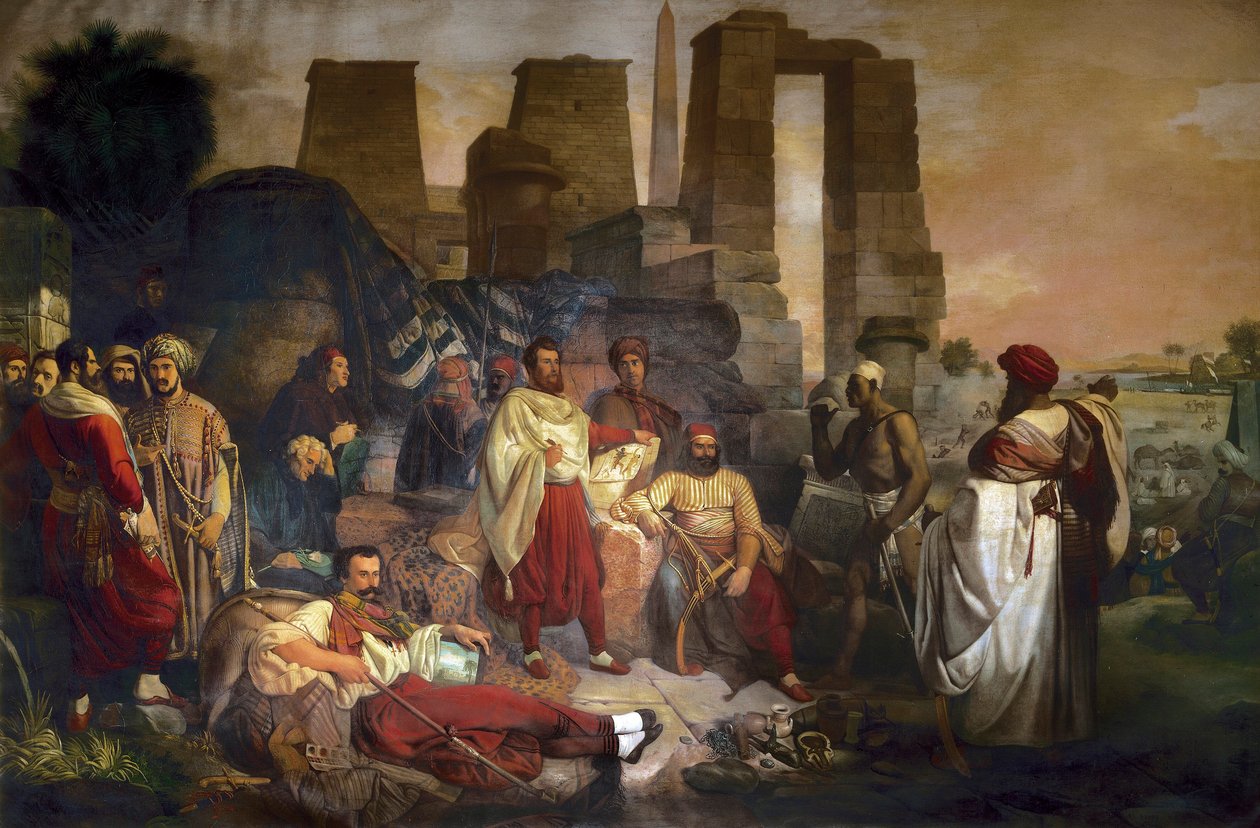 Egyptolog Jean Francois Champollion sedí uprostřed, obklopen Ippolito Rosellini a Gaetano Rossellini od Giuseppe Angelelli