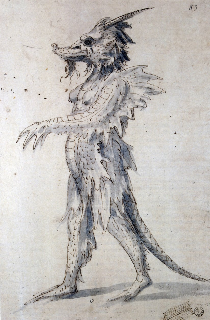 Design pro draka (pero, modrý inkoust a akvarel na papíře) od Giuseppe Arcimboldo