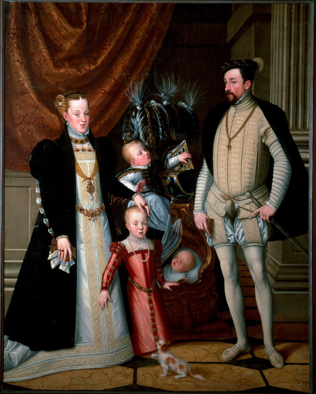 Císař Maxmilián II. (1527-1576) s rodinou: Marie Španělská (1528-1603) a jejich děti Anna (1549-1580), Rodolph (1552-1612) a Ernest (1553-1591) Obraz Giuseppe Arcimboldi (příp. Arcimboldo) (1527-1593) 1553 Ne. 188x240 cm Zámek Ambras, In od Giuseppe Arcimboldo