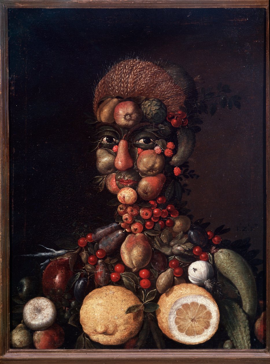 Lidská postava z ovoce a zeleniny (malba od Giuseppe Arcimboldo