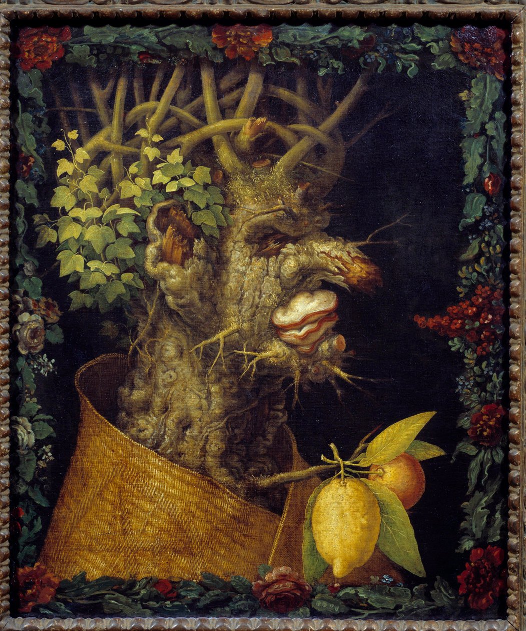Zimní alegorie o ročních obdobích. Obraz Giuseppe Arcimboldo (1527-1593) 16. století Sun. 0,76x0,63 m - Zima (ze série zobrazující čtyři roční období) - Malba Giuseppe Arcimbolda (1527-1593), olej na plátně (76x63 cm) od Giuseppe Arcimboldo