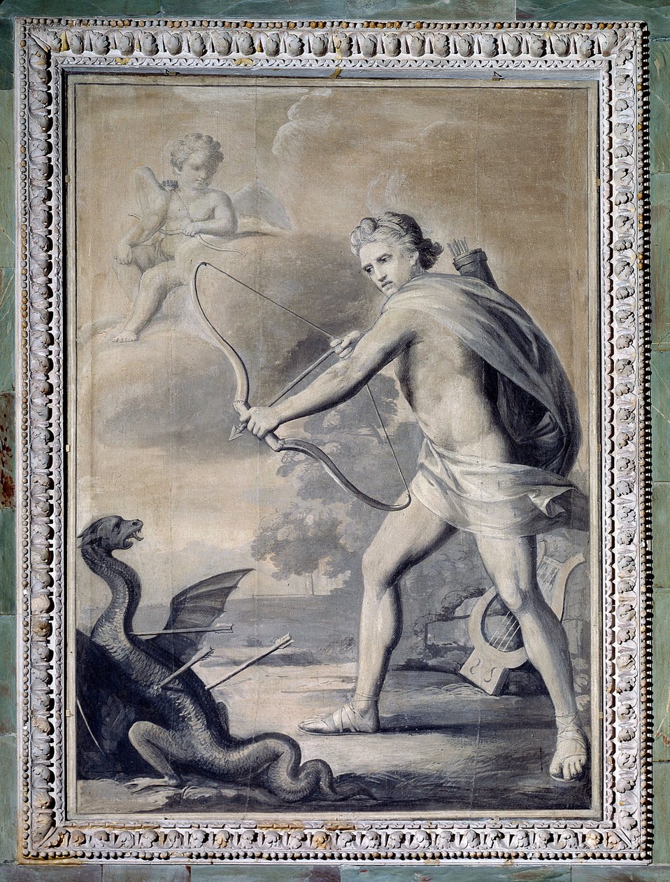 Apollon zabíjející hada Pythona (Monochromatická kresba od Giuseppe Bacigalupo