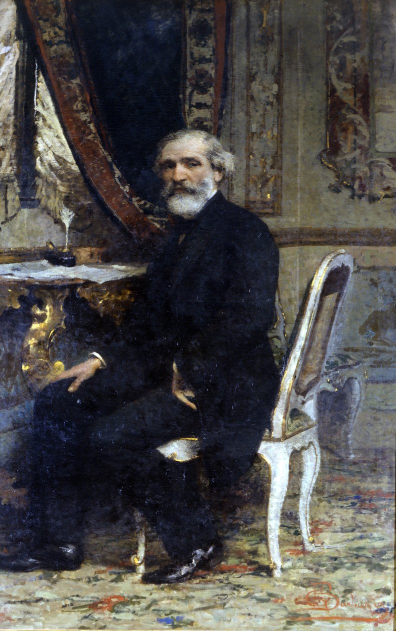 Portrét Giuseppe Verdiho, italského skladatele (1813-1901). Barbaglia malba. Grand Hotel a Milán od Giuseppe Barbaglia