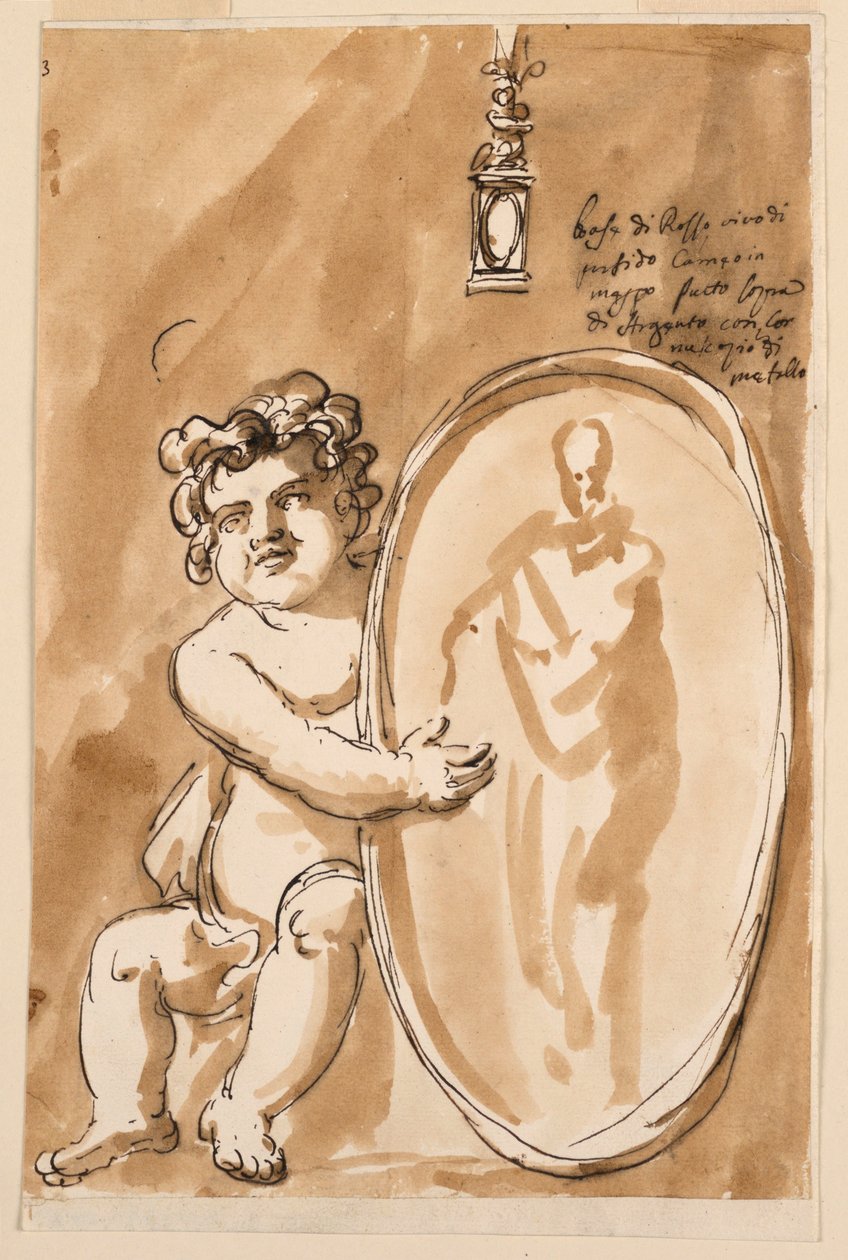 Sedící putto s medailonem od Giuseppe Barberi