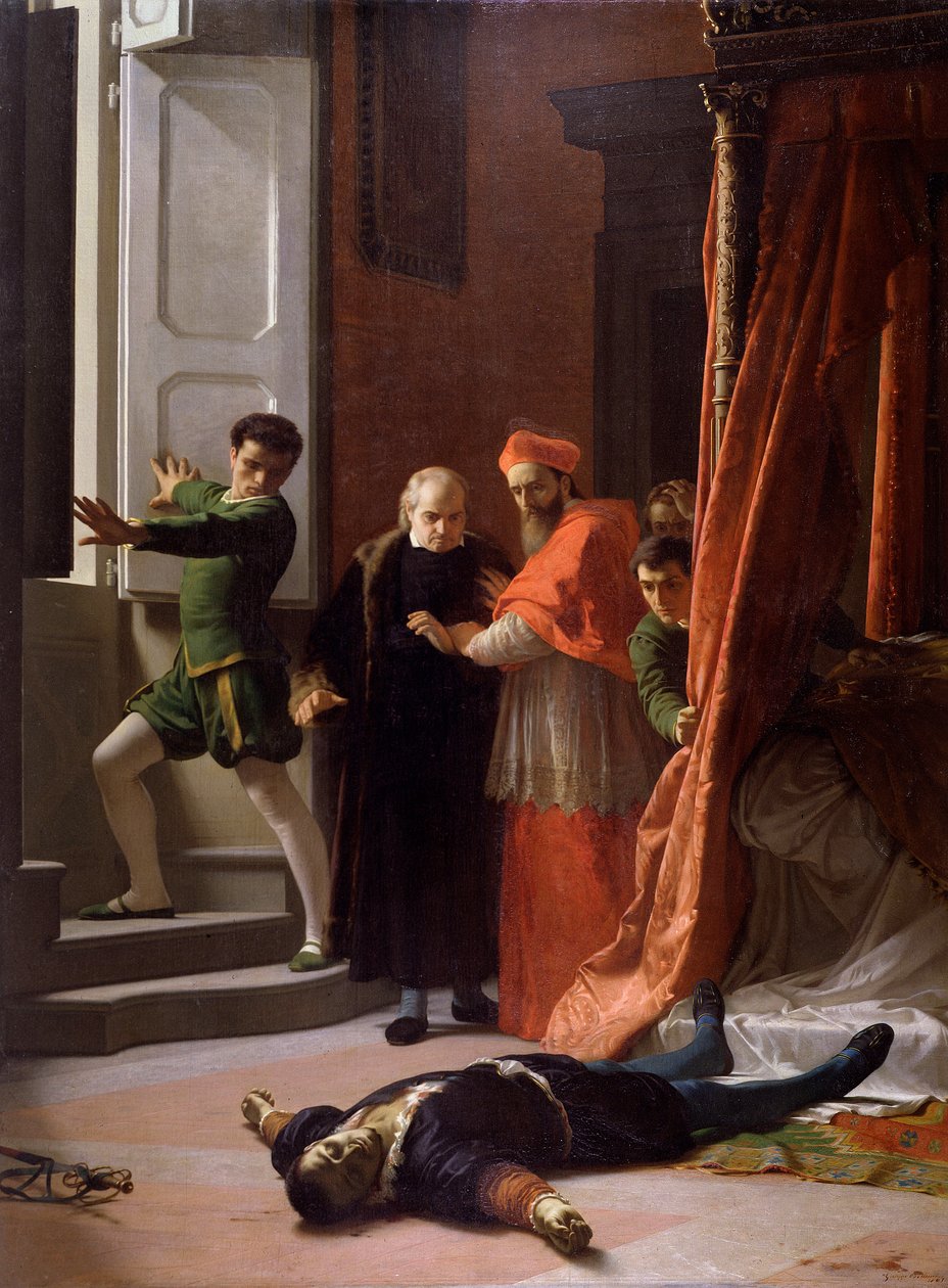 Smrt vévody z Florencie Alessandra de Medici zabitého Lorenzinem de Medici (olej na plátně od Giuseppe Bellucci