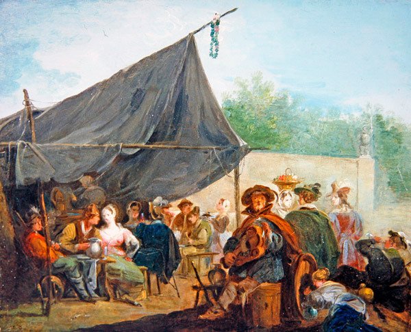 Scéna tábora s popíjejícími postavami (olej na plátně) od Giuseppe Bernardino Bison