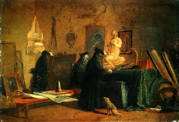 Znalci v karnevalovém kostýmu v interiéru s obrazy a předměty umění a vědy (olej na papíře na plátně) od Giuseppe Bernardino Bison