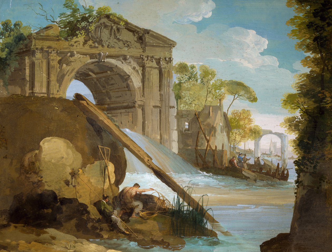 Imaginární pohled: Řeka s rybáři a ruinami, Giuseppe Bernardino Bison (1762-1844) od Giuseppe Bernardino Bison