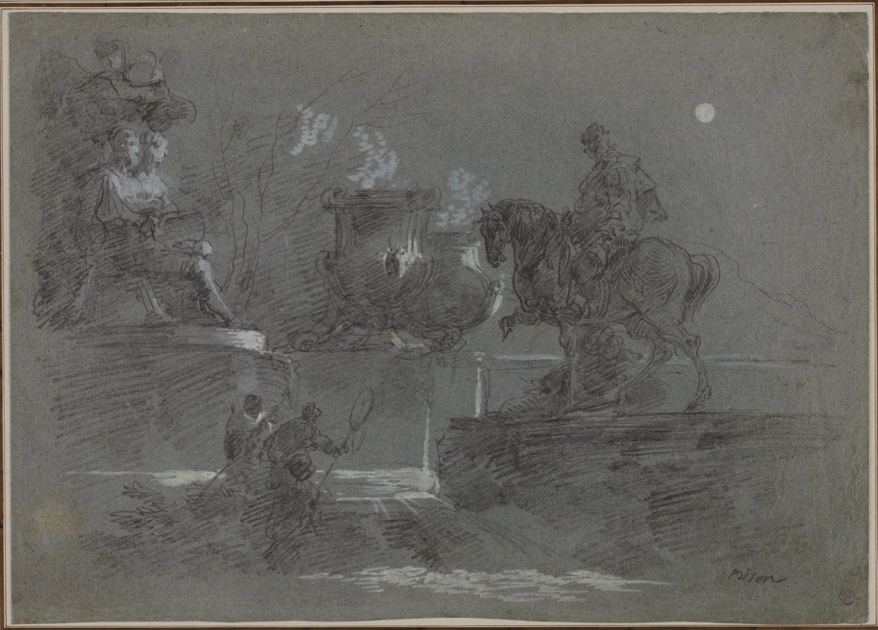 Monumentální socha v parku zalitém měsícem, c. 1842. od Giuseppe Bernardino Bison