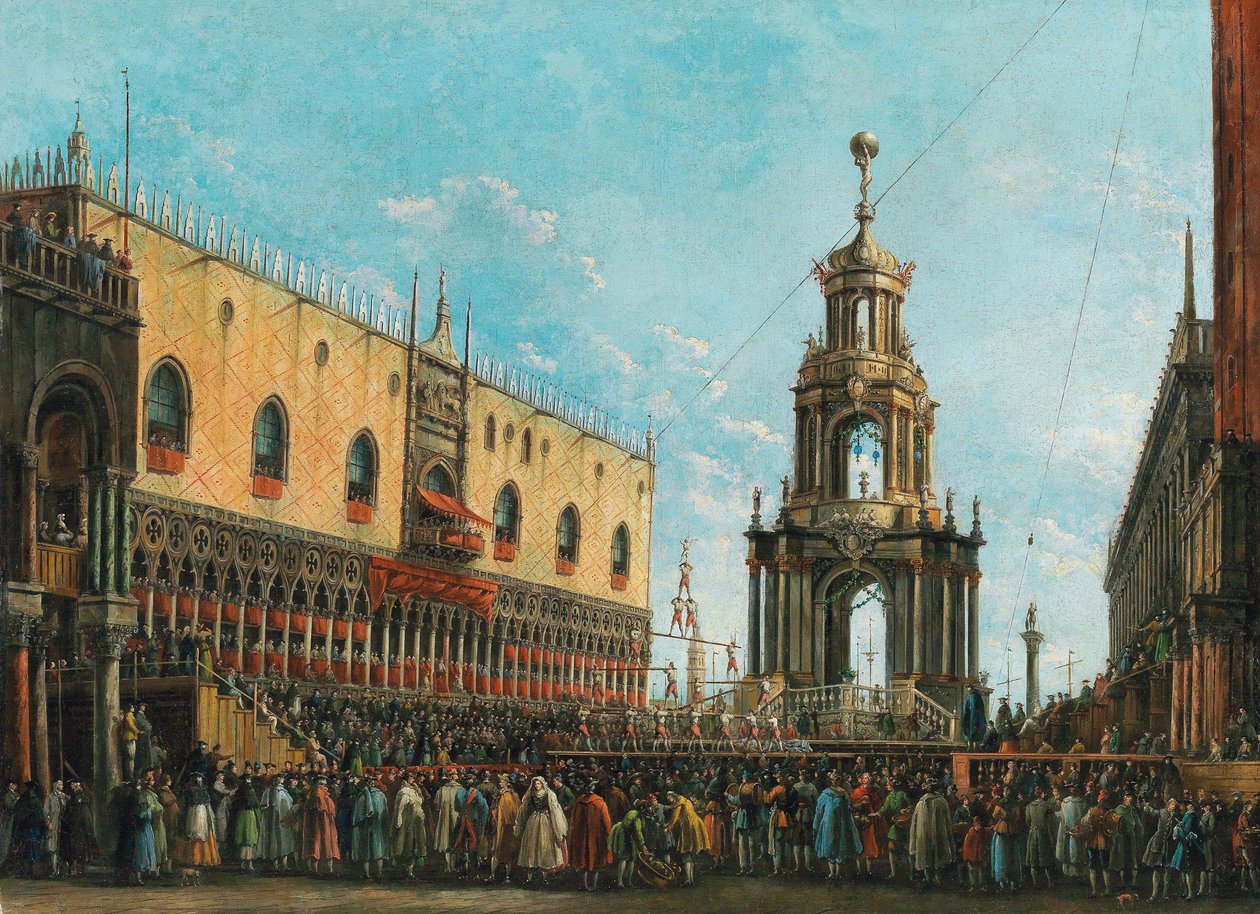 Festival Giovedì Grasso před Dóžecím palácem v Benátkách, 30. léta 19. století. od Giuseppe Bernardino Bison