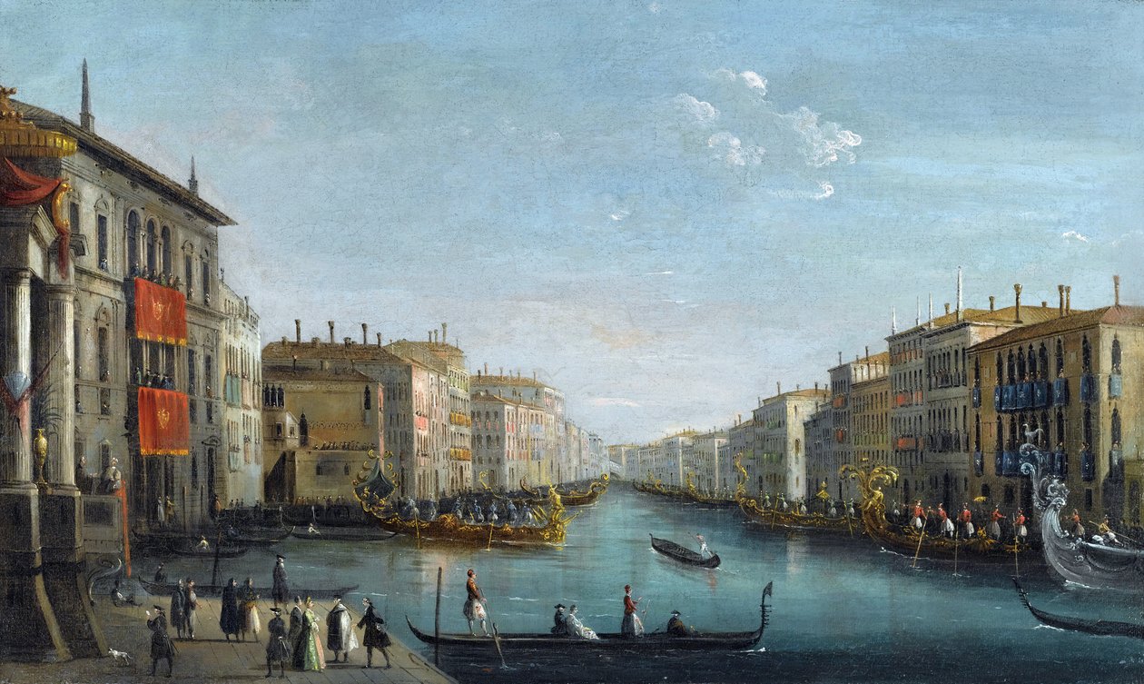 Pohled na Canal Grande z Palazzo Balbi směrem k mostu Rialto s Regatou od Bisona, Giuseppe Bernardino (1762-1844). Olej na plátně, rozměr: 48,9x81,9, od Giuseppe Bernardino Bison