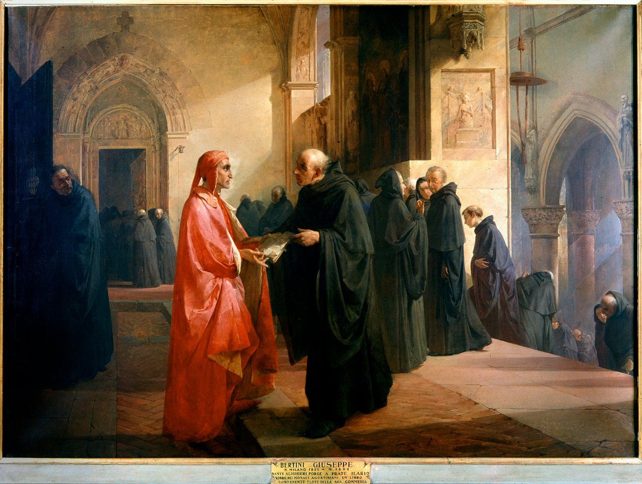 Dante Alighieri daruje bratru Ilariovi sešit s částí Božské komedie. od Giuseppe Bertini