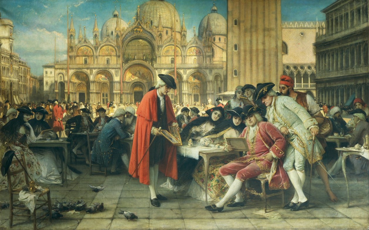 Malíř Francesco Guardi, Canalettův rival, prodává své obrazy Giuseppe Bertiniho (1825-1898), olej na plátně od Giuseppe Bertini