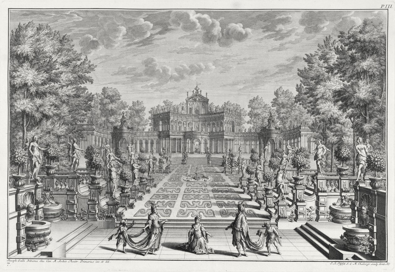 Prostředí pro operu v zahradě, od Architectus Theatralis Primarius, ryté Johannem Andreasem Pfeffelem (1674-1748), vydáno 1740 od Giuseppe Bibiena