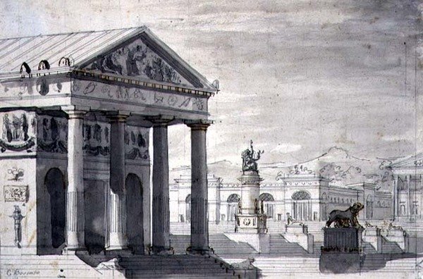 Neoklasická scénická sada, cca 1825 (pero, inkoust a sépie mytí na papíře) od Giuseppe Borsato