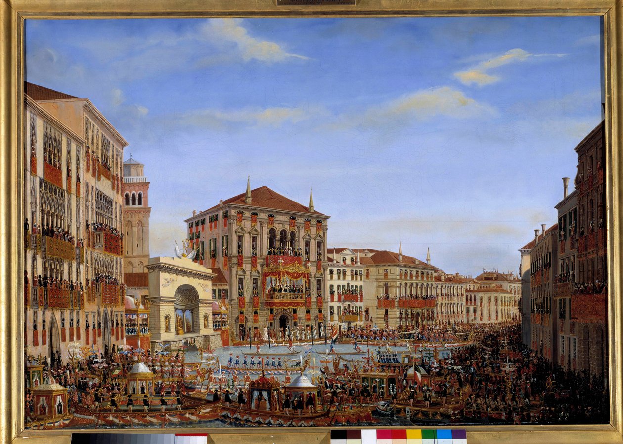Návštěva Napoleona I. v Benátkách od 28. listopadu do 8. prosince 1807: Císař předsedající regatám na Canal Grande z balkónu paláce Baldi přijíždí ze závodu, 2. prosince 1807 Obraz Giuseppe Borsato (1771-1849). Slunce 1807. 0,65 x od Giuseppe Borsato