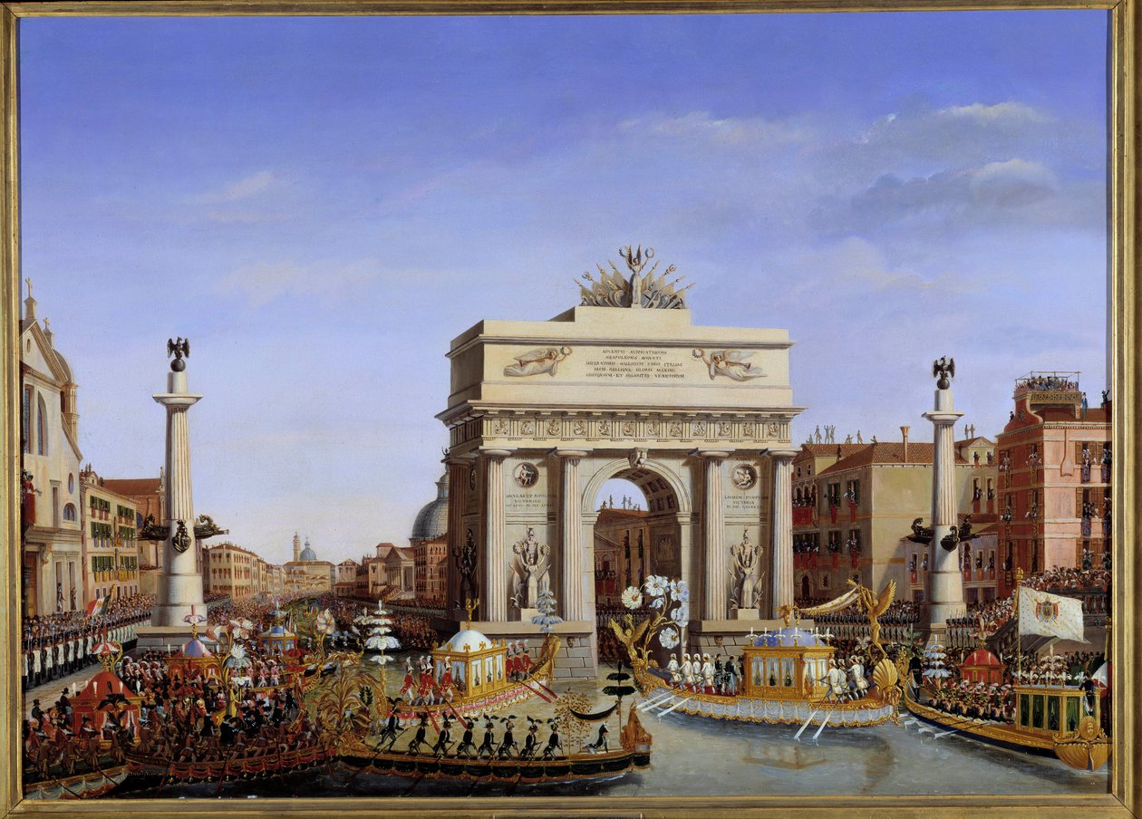 Návštěva Napoleona I. v Benátkách od 28. listopadu do 8. prosince 1807: vstup císaře v gondole na Grand Canal Průvod gondol. Obraz Giuseppe Borsato (1771-1849) 19. století Sun. 0,65x0,90 m. - Napoleonova návštěva Benátek od 28 od Giuseppe Borsato