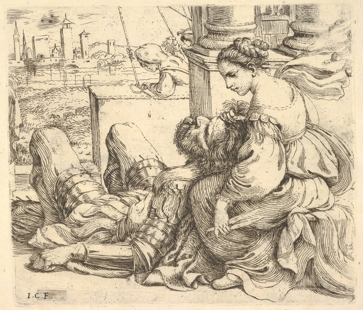 Dalila drží Samsonovy vlasy a nůžky, 1620-30. od Giuseppe Caletti