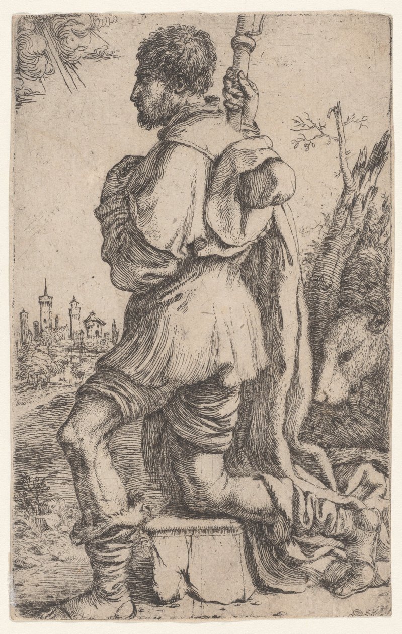 Svatý Roch, klečící na kameni, při pohledu ze strany se psem za zády..., 1620-30. od Giuseppe Caletti
