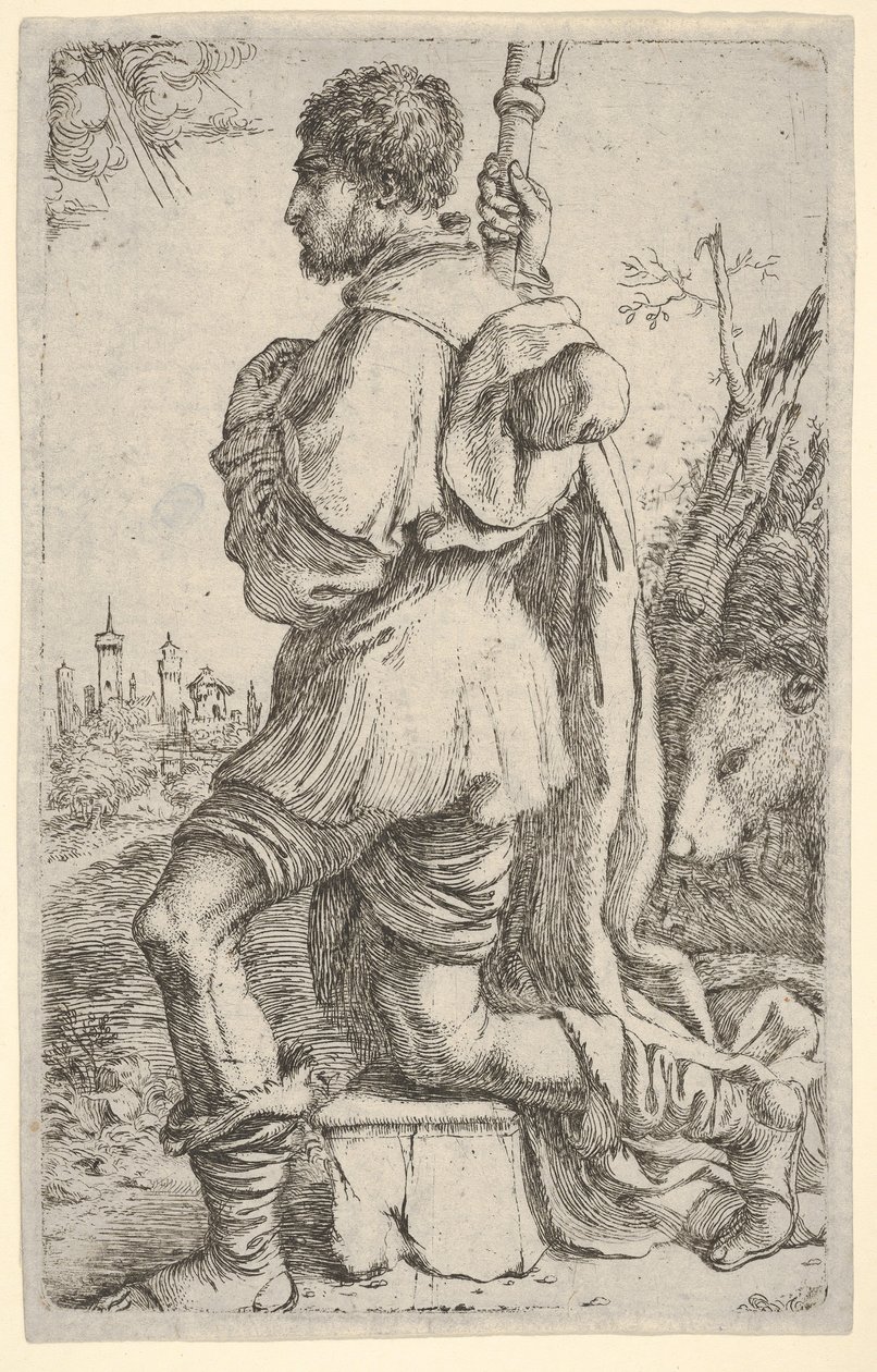 Svatý Roch, klečící na kameni, při pohledu ze strany se psem za zády a městy..., 1620-30. od Giuseppe Caletti