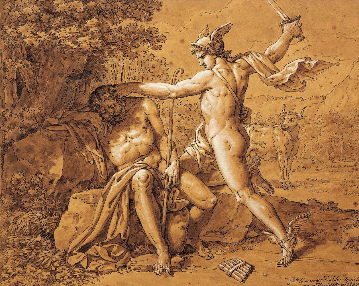 Itálie, Merkur zabíjí Argus, aby zachránil nymfu (Merkur zabíjí Argo, aby zachránil nymfu) od Giuseppe Cammarana (1766-1859) darovaný umělcem Gaetanovi Donizettimu, kresba od Giuseppe Cammarano