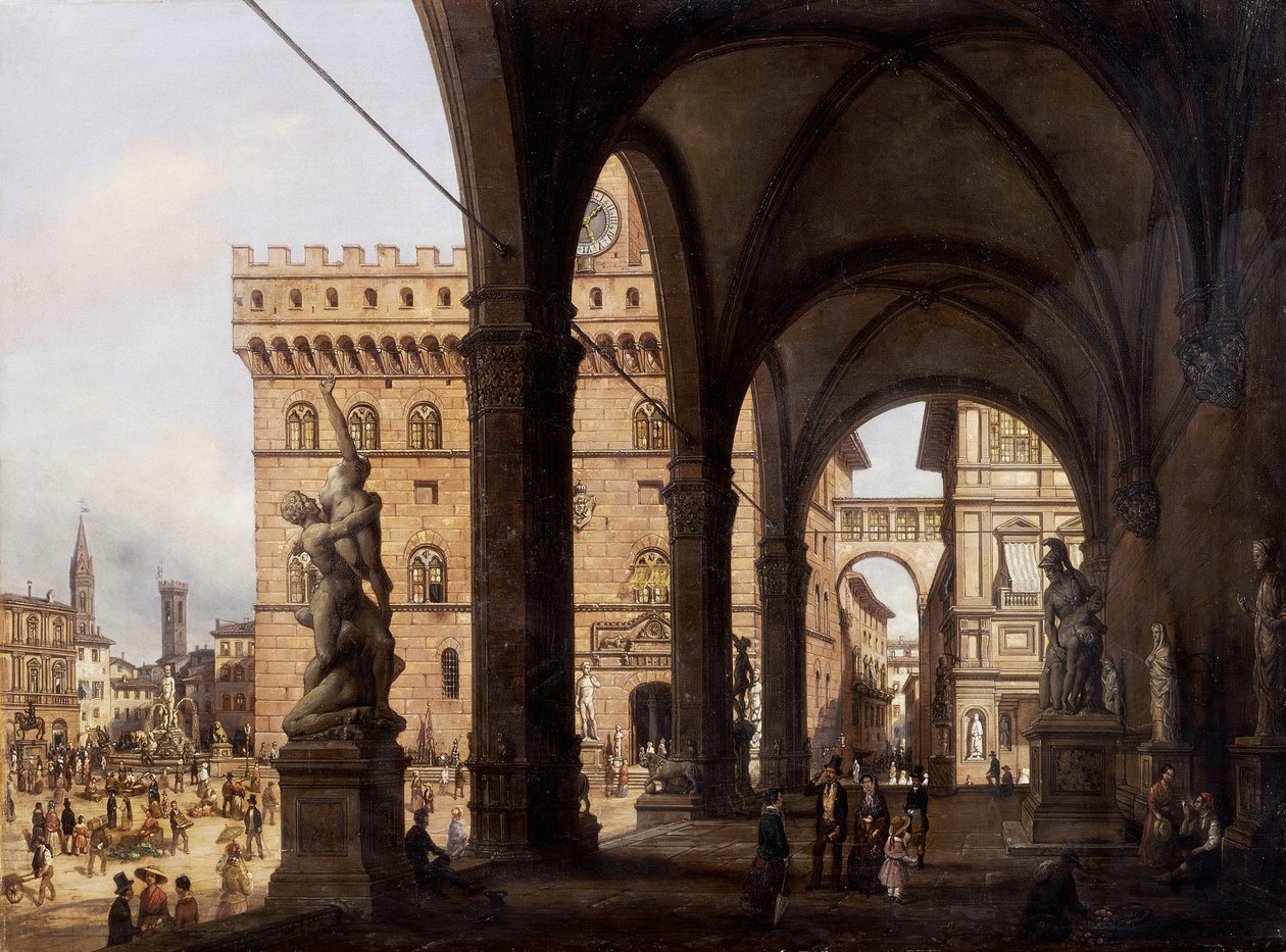 Firenze, Piazza della Signoria (Signoria-aukio), kirjoittanut Giuseppe Cannella (1788-1847) od Giuseppe Canella