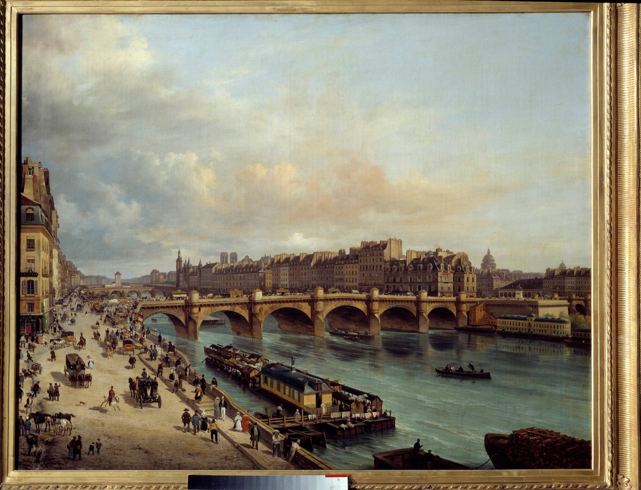 La cite et le Pont Neuf při pohledu z Quai du Louvre V popředí mytí lodí (boat-wash) a velká aktivita na březích Seiny. Obraz Canella Giuseppe Canella l
