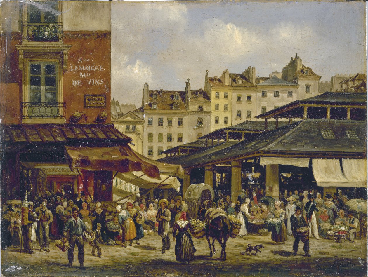 Les Halles a Rue de la Tonnellerie, kolem roku 1828 (olej na plátně) od Giuseppe Canella