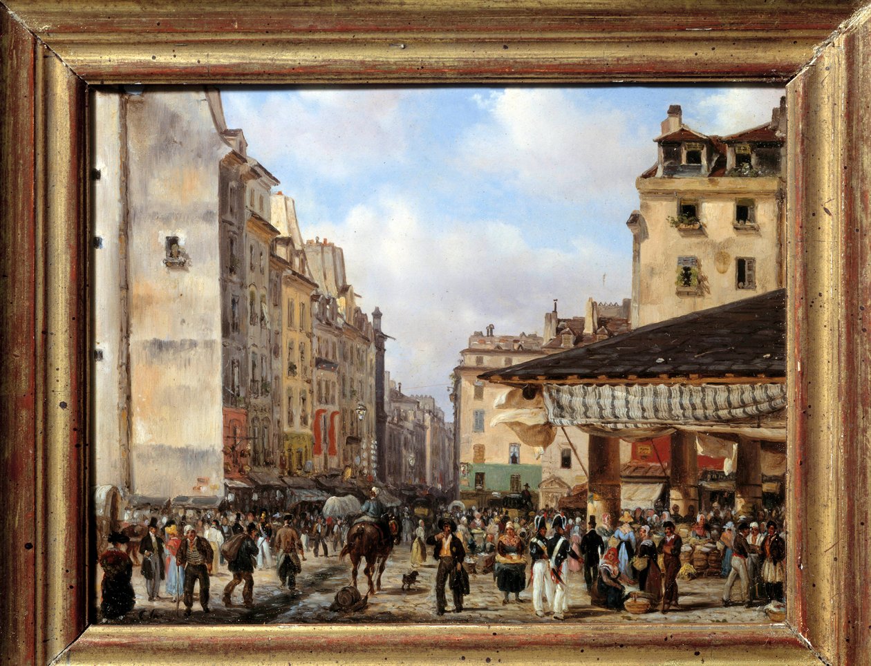 Les Halles a rue de la Tonnellerie v roce 1828: pohled na Paříž v 19. století. Obraz Giuseppe Canella (1788-1847) od Giuseppe Canella