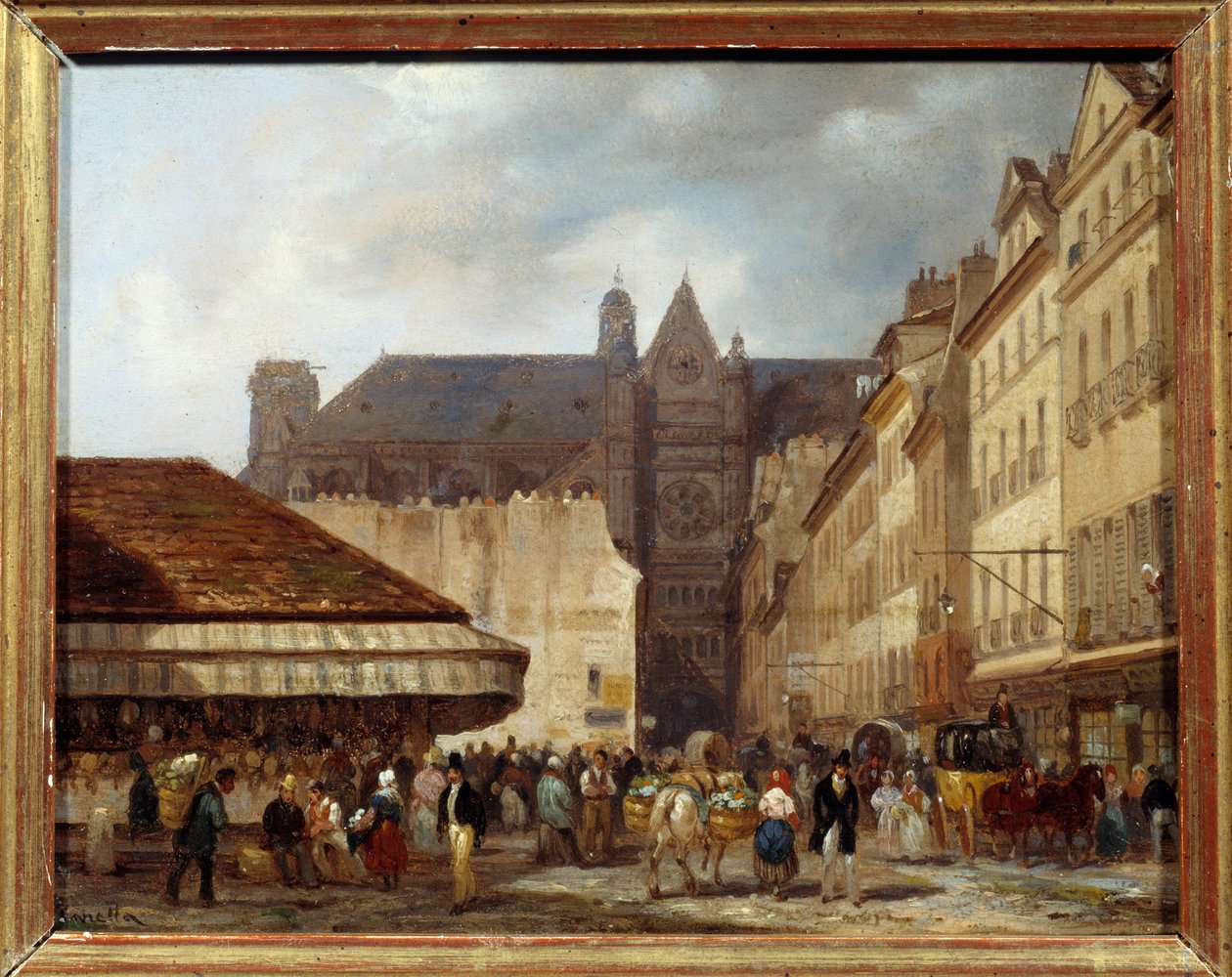 Rue des Prouvaires a kostel Saint Eustache (Quartier des Halles) v Paříži. Obraz Giuseppe Canella (1788-1847) Ec.ital. od Giuseppe Canella