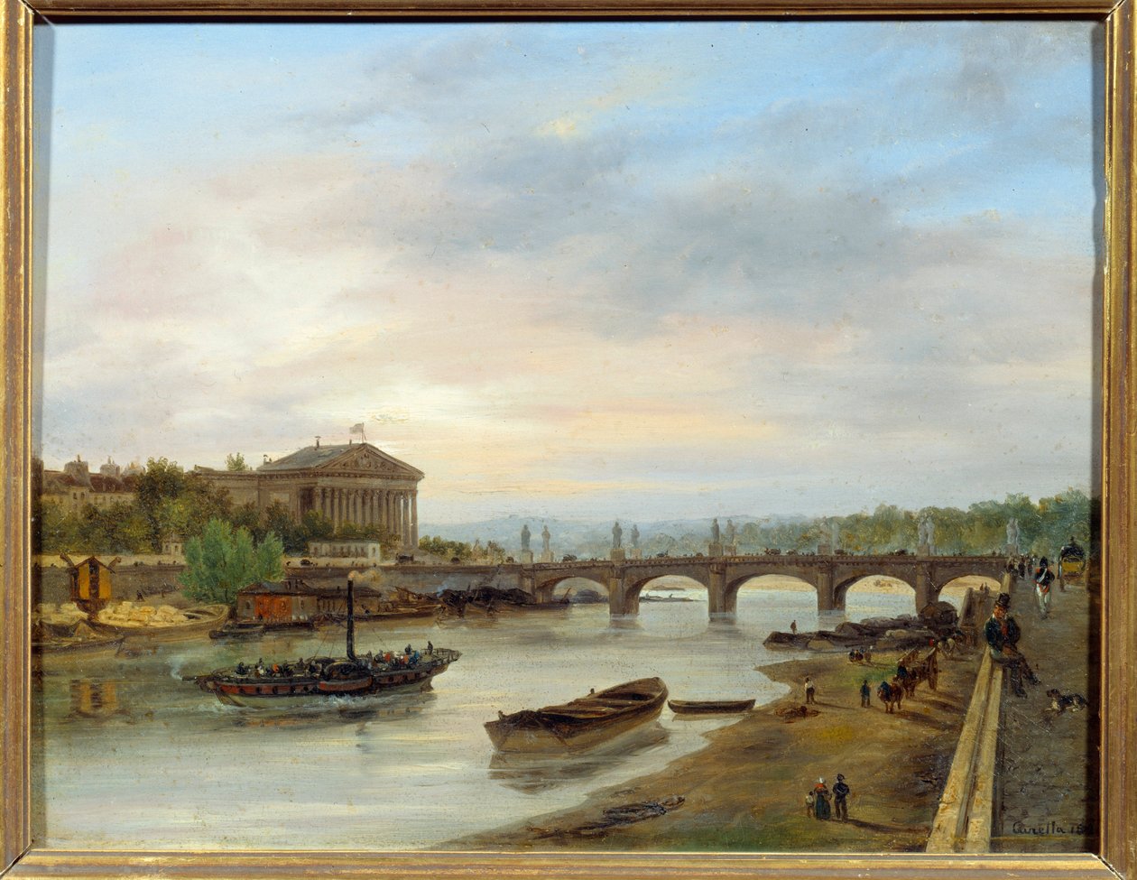 Palais Bourbon a Pont Louis XVI (Pont de la Concorde) při pohledu z Quai des Tuileries v Paříži. Obraz Giuseppe Canella (1788-1847) EC.ITAL. od Giuseppe Canella