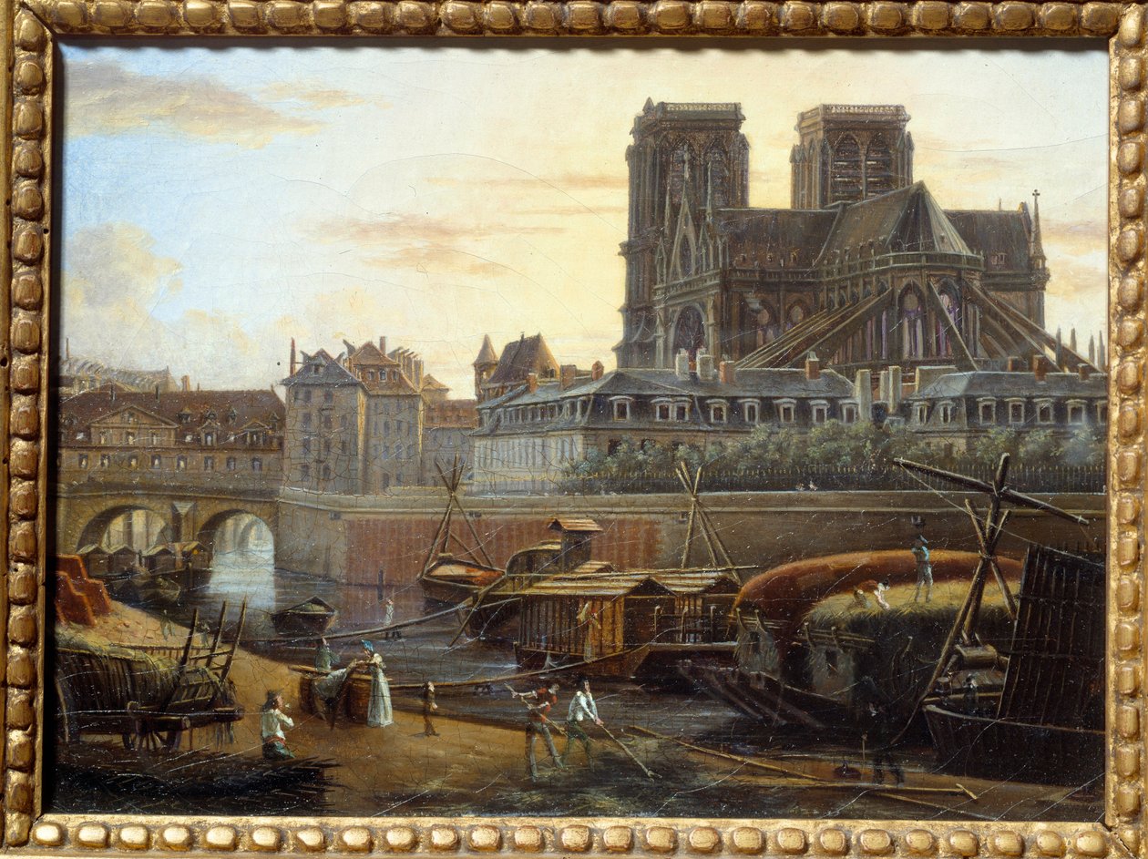 Most Saint Charles, hotel dieu, archeveche a Notre Dame při pohledu z Quai de la Tournelle v Paříži. Obraz Giuseppe Canella (1788-1847) EC.ITAL. od Giuseppe Canella