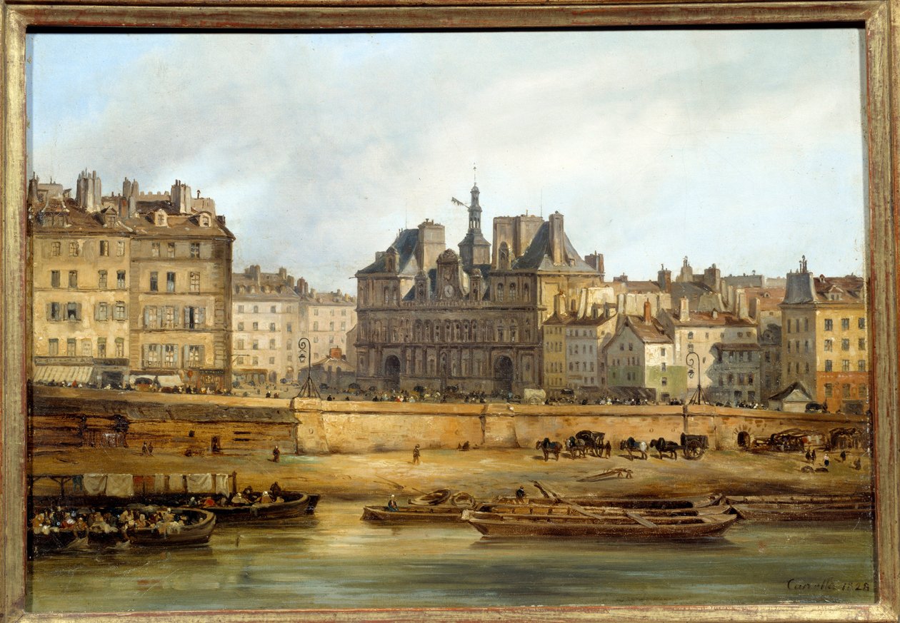 Radnice a místo de Greve při pohledu z Ile de la Cite v Paříži. Obraz Giuseppe Canella (1788-1847) EC.ITAL. od Giuseppe Canella