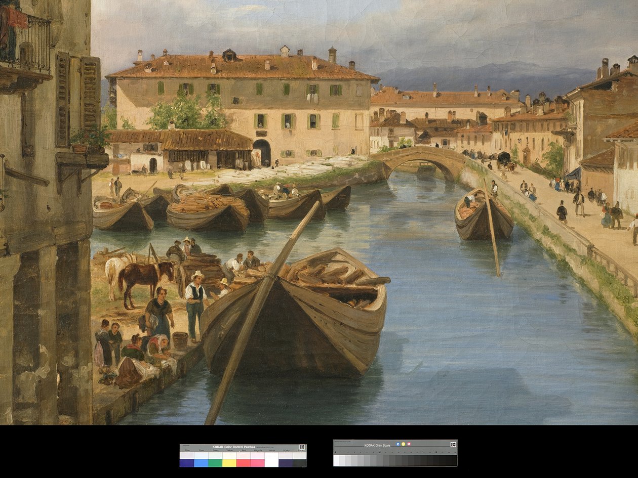 Pohled na kanál Naviglio z mostu San Marco v Miláně, 1834 od Giuseppe Canella