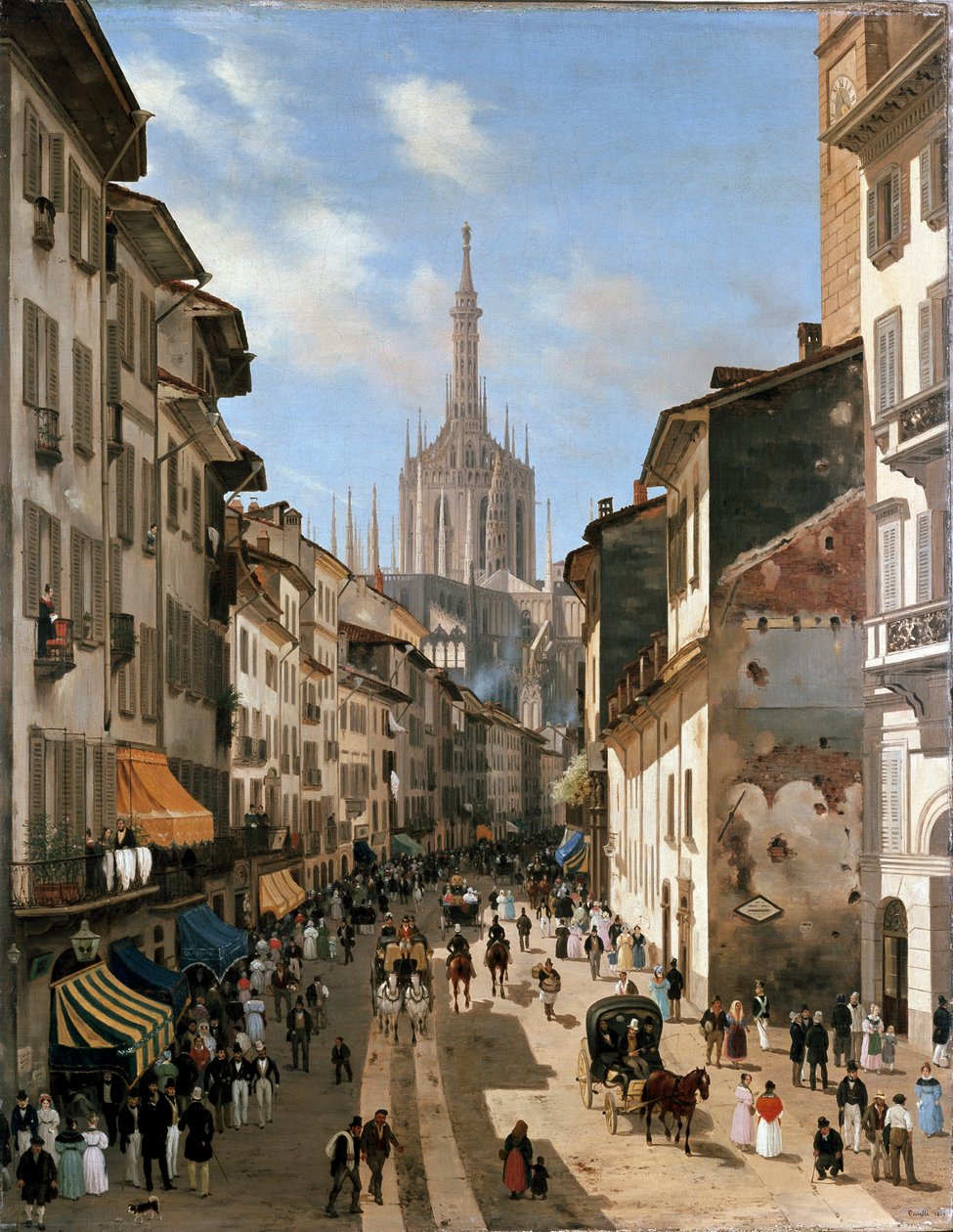 Pohled na ulici corsia dei Servi (malba, kolem roku 1839) od Giuseppe Canella