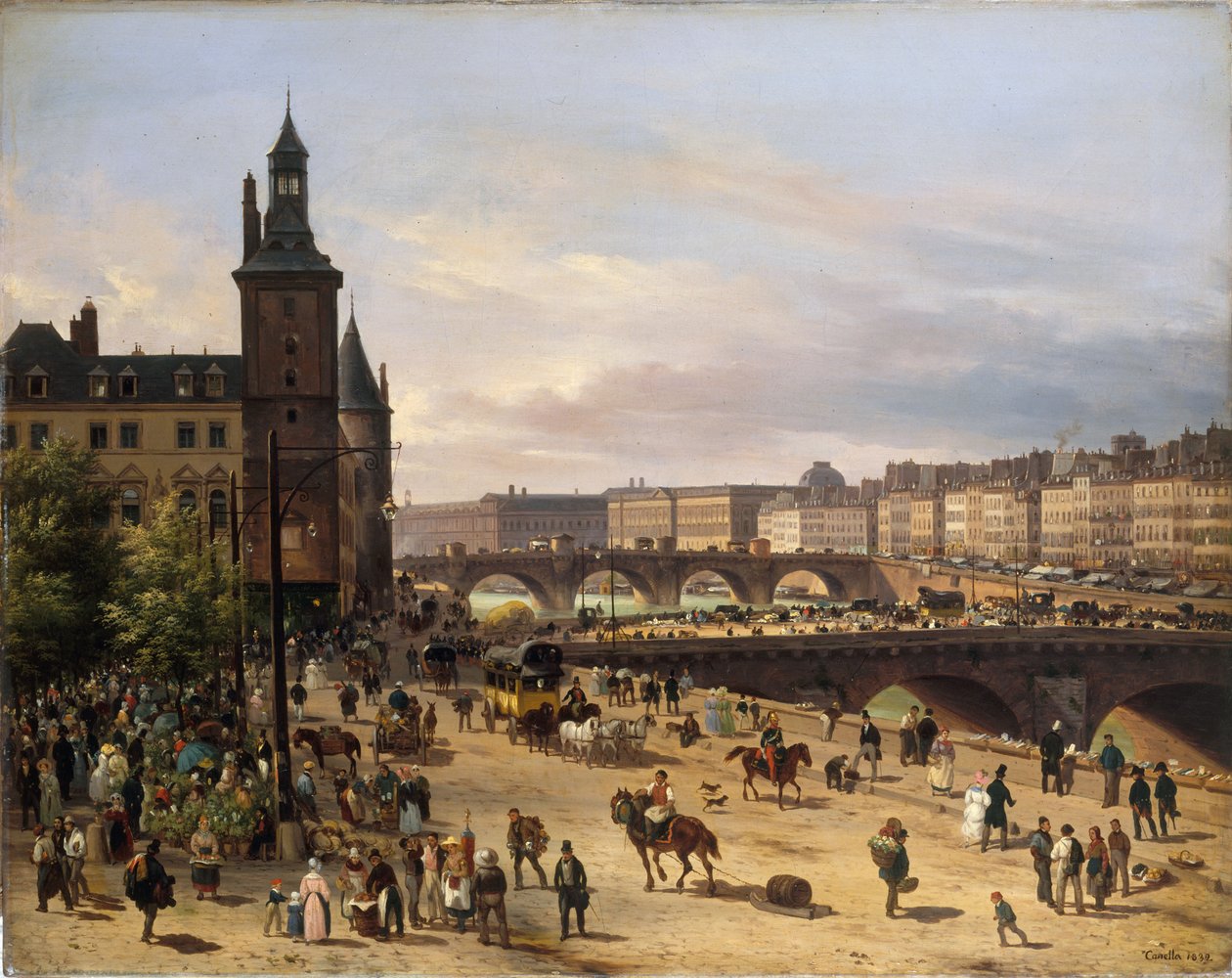 Květinový trh, Hodinová věž, Pont au Change a Pont-Neuf, 1832. od Giuseppe Canella the Elder