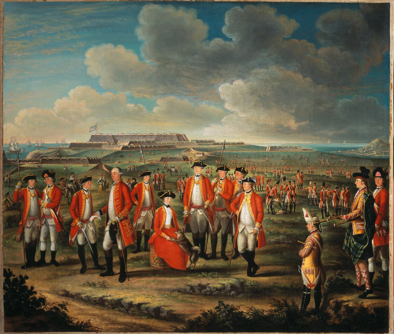 Lady Louisa Lennoxová s plukem svého manžela, 25. pěším plukem, s lordem Georgem Lennoxem vedle ní a Fort St Philip, Port Mahon, v pozadí, kolem roku 1771 od Giuseppe Chiesa