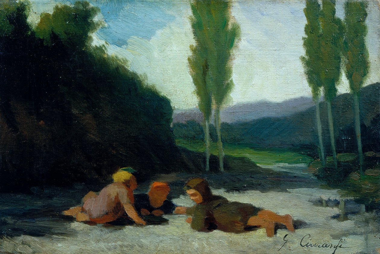 Děti hrající si na břehu řeky (olej na plátně) od Giuseppe Ciaranfi