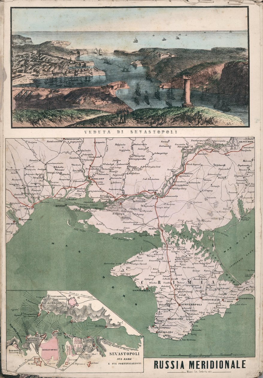 Mapa jižního Ruska s výhledem na Sevastopolský záliv a jeho opevnění, 1853. od Giuseppe Civelli