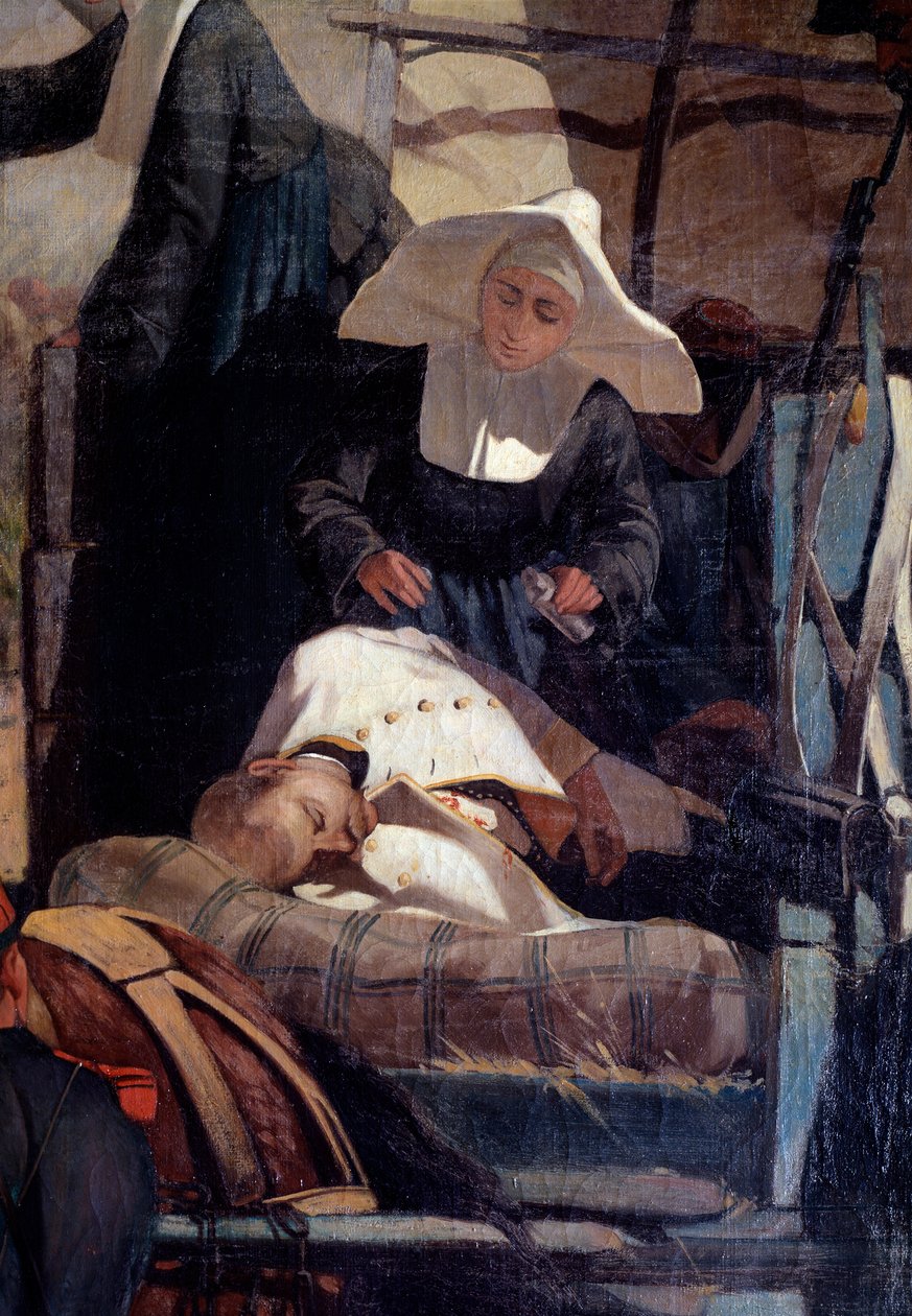 Italský vojenský tábor během bitvy u Magenty Bitva u Magenty 4. června 1859 během italského tažení vedoucího k francouzsko-sardinskému vítězství vedeném Napoleonem III. proti Rakušanům - Detail zobrazující pomocnou ošetřovatelku, kterou zraněný nese na ca. od Giuseppe Fattori