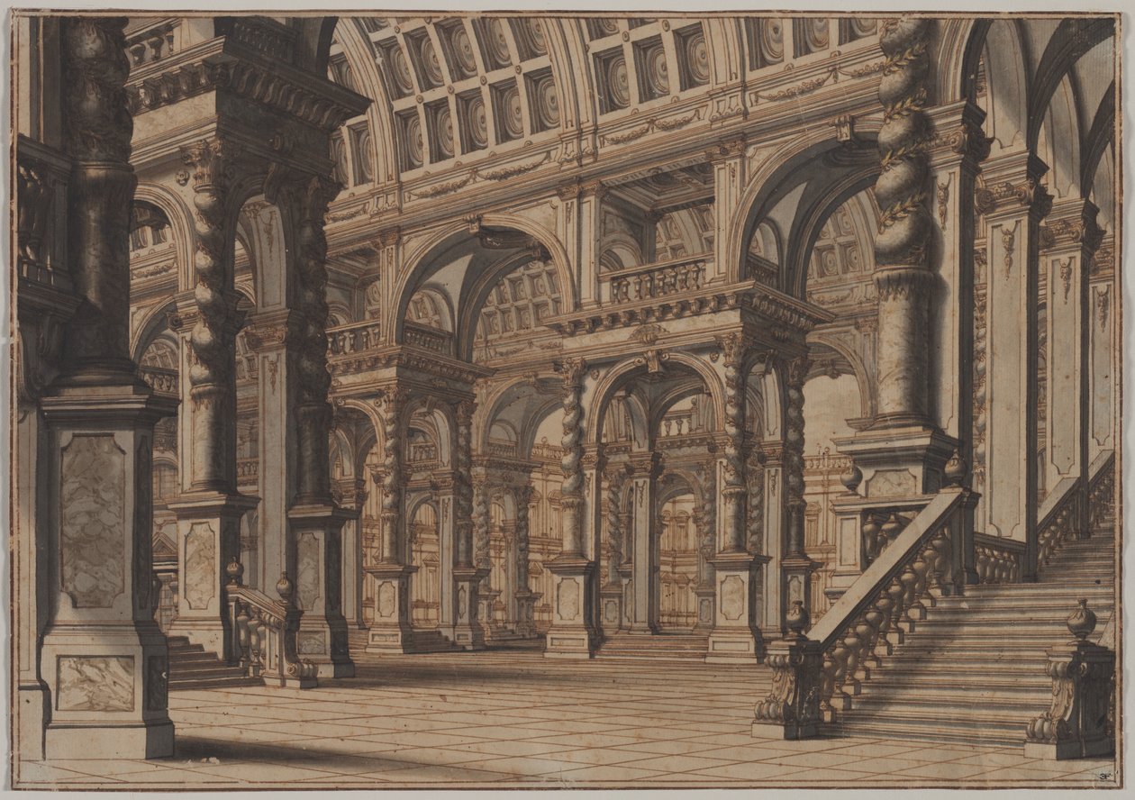 Monumentální klenutý sál se schodištěm od Giuseppe Galli Bibiena