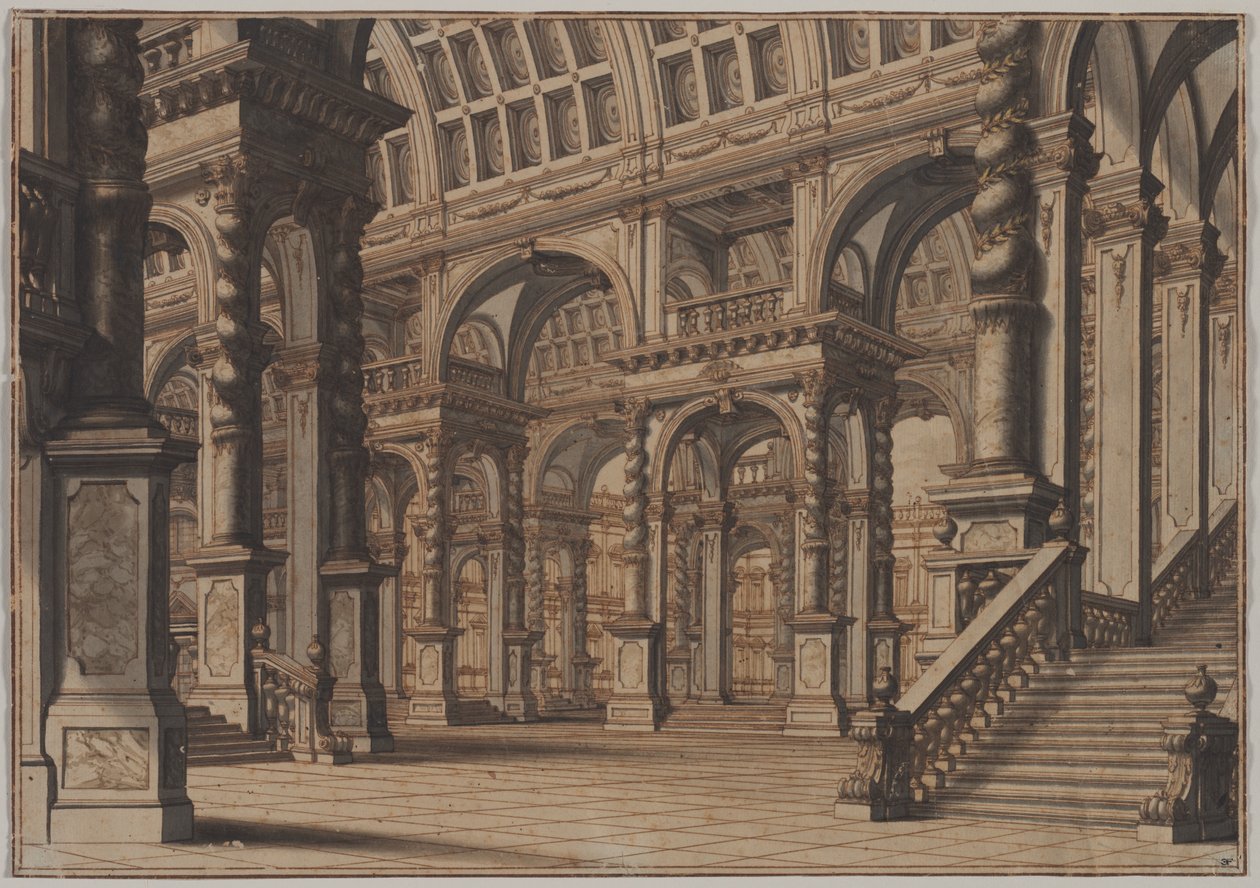 Monumentální klenutý sál se schodištěm, druhá čtvrtina 18. století. od Giuseppe Galli Bibiena