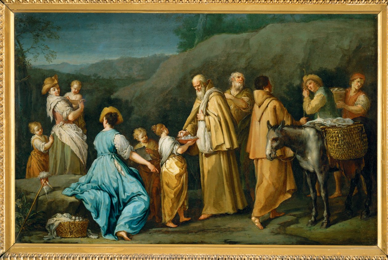 Religieux queteurs a qui une jeune fille donne des oefs - Mendikantští mniši, kterým holčička nabízí vajíčka... od Giuseppe Gambarini