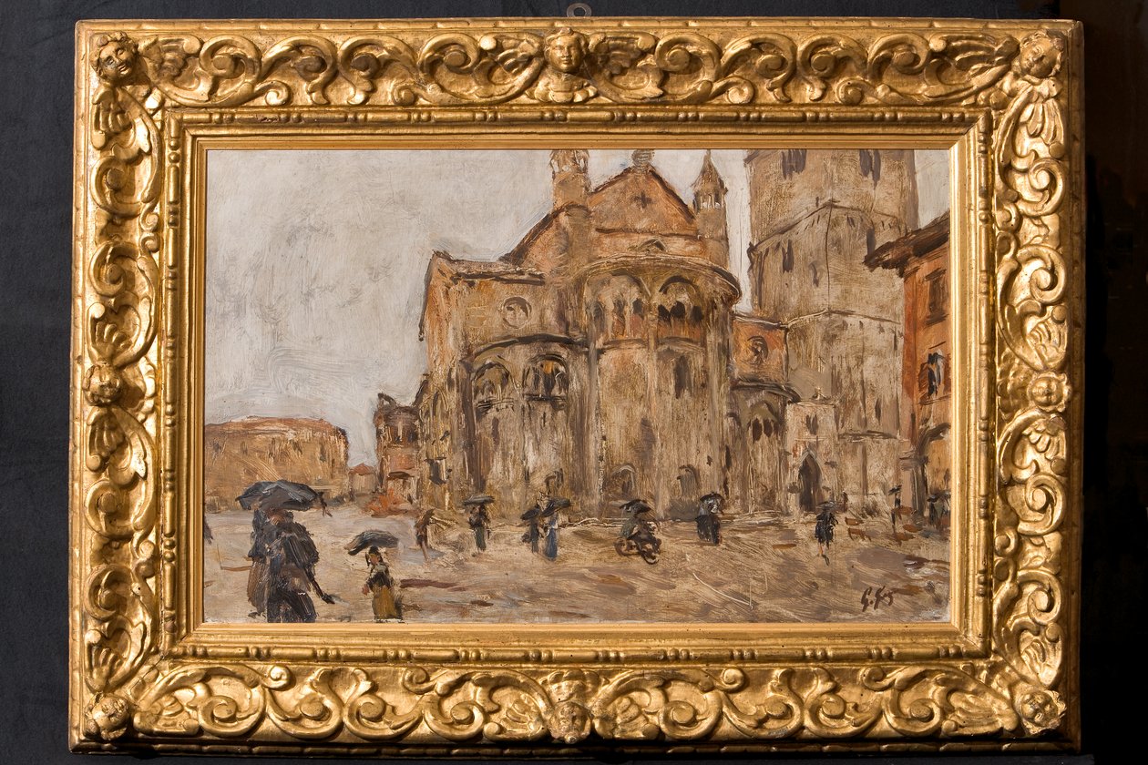 Piazza Grande in the Rain (olej na překližce) od Giuseppe Graziosi
