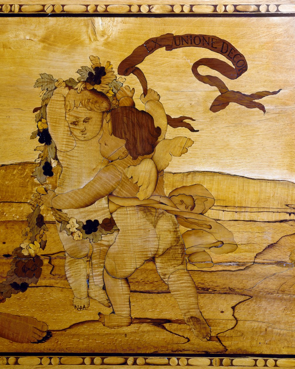 Cupids, detail z komody s intarziemi a mramorovou deskou od Giuseppe Maggiolini