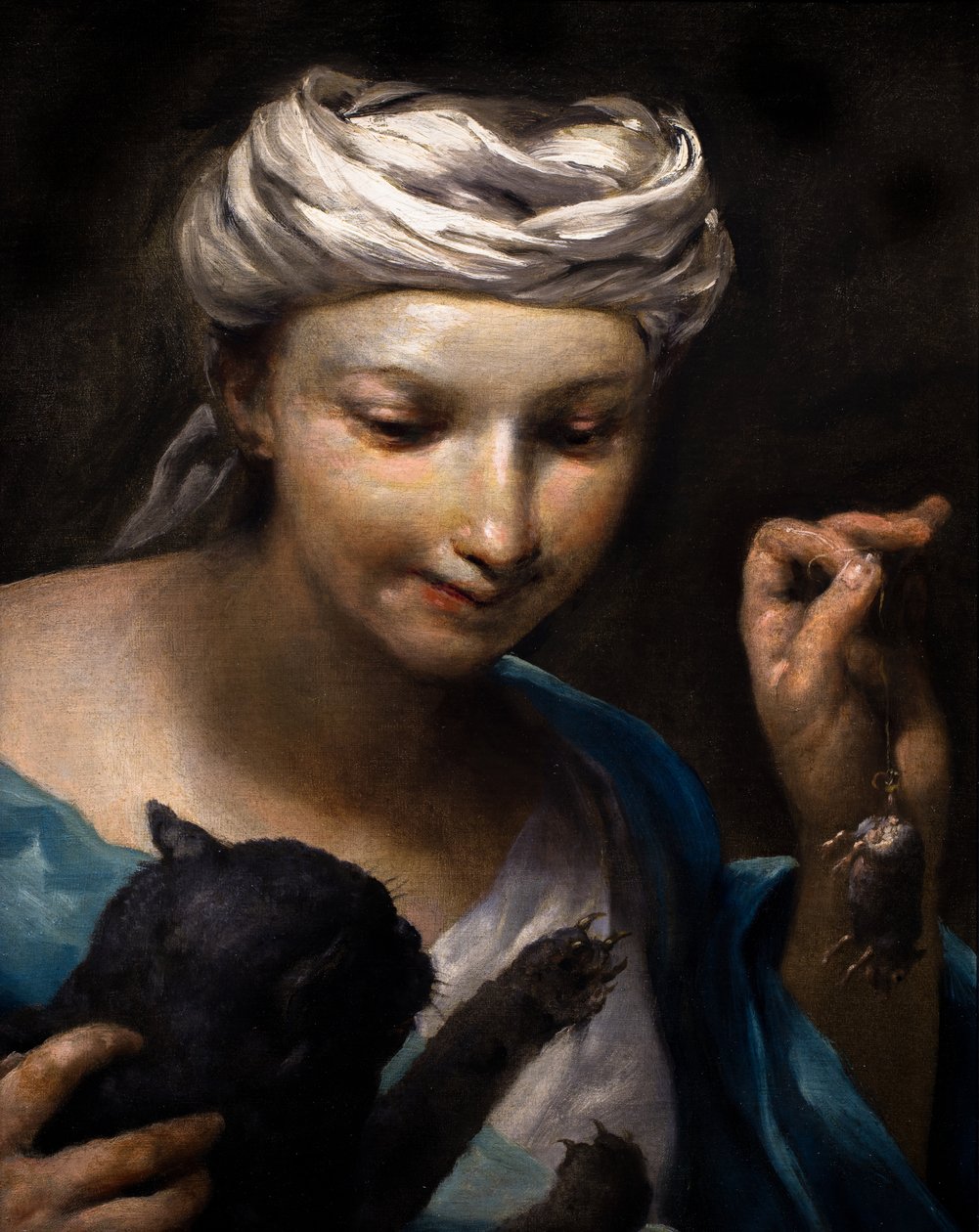 Holčička hrající si s kočkou a mrtvou myší (detail) od Giuseppe Maria (1665 1747) Crespi